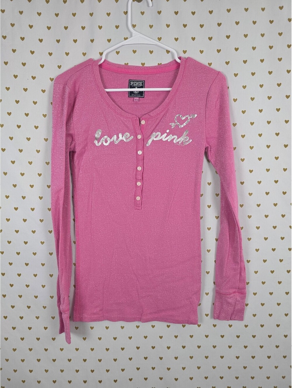 Victorias Secret PINK Vintage long Sleeve Shimmer Logo Henley Y2k Bling